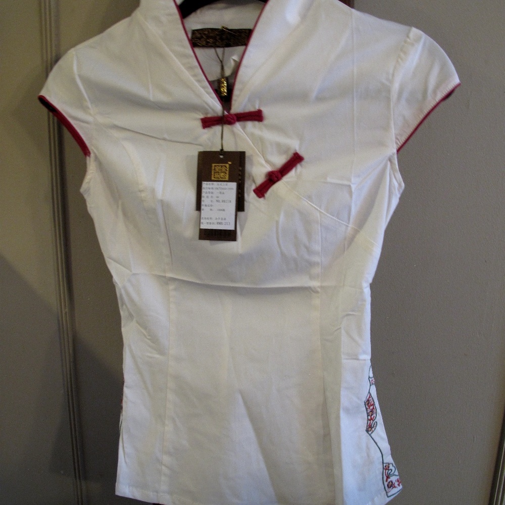 Embroidered Chinese Short Sleeve Shirt Ivory 9 Hong Kong Gold King Int'l NWT